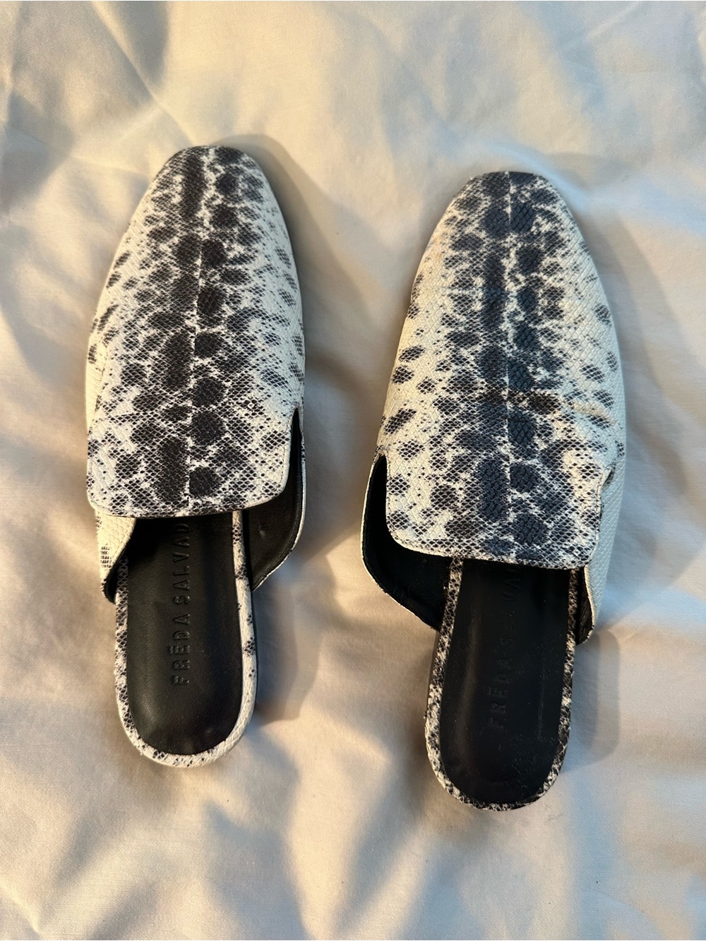 Freda Salvador Black & White Snake-Print Slip-On Mules